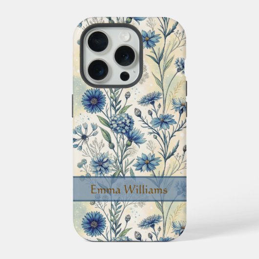 Personalized Name Blue Wildflowers iPhone Hoesje (Achterkant)