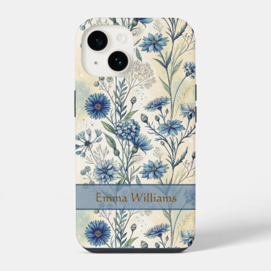 Personalized Name Blue Wildflowers iPhone Hoesje (Achterkant)
