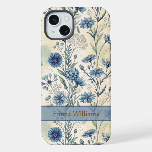 Personalized Name Blue Wildflowers iPhone Hoesje (Achterkant)
