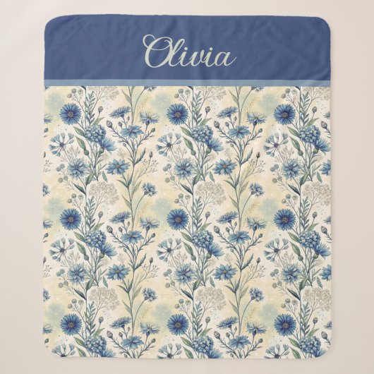Personalized Name Blue Wildflowers Sherpa Deken (Voorkant)