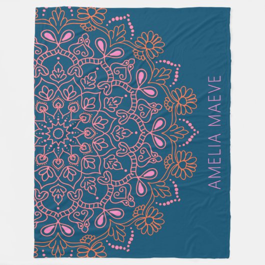 Personalized Name Boho Mandala Floral Blue Pink  Fleece Deken (Voorkant)