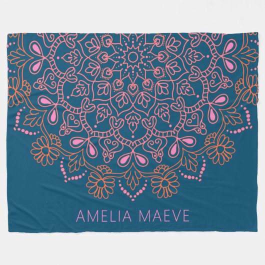 Personalized Name Boho Mandala Floral Blue Pink  Fleece Deken (Voorkant (Horizontaal))