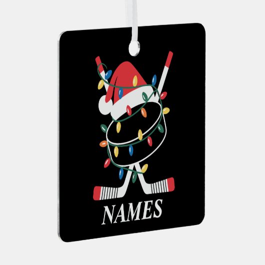 Personalized Name Christmas Hockey Xmas Santa Hat Metalen Ornament (Voorkant Rechts)