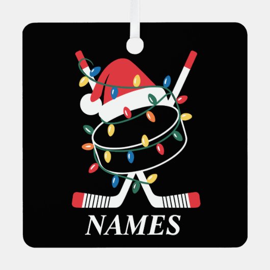 Personalized Name Christmas Hockey Xmas Santa Hat Metalen Ornament (Voorkant)