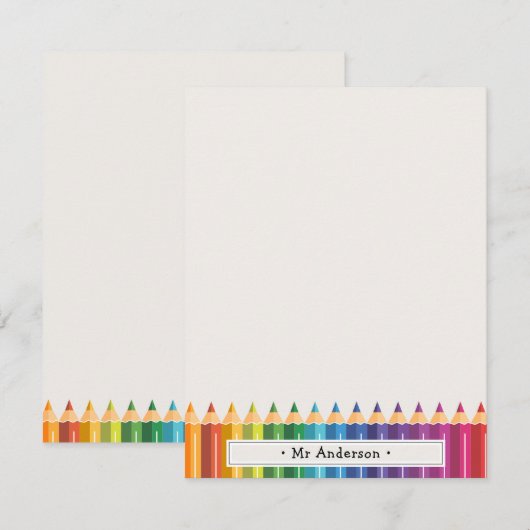 Personalized Name Colorful Pencils Teacher's Notitiekaartje (Voorkant / Achterkant)