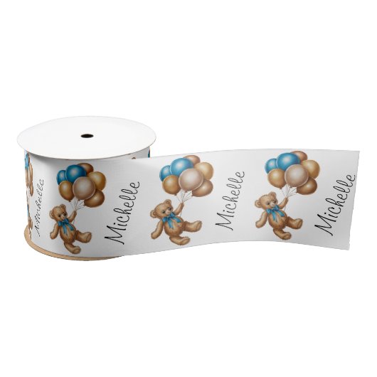 Personalized Name Cute Bear Gold Blue Balloons     Satijnen Lint (Spoel)