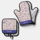 Personalized Name Cute Hand Drawn Food Ovenwant & Pannenlap Set (Voorkant / Achterkant)