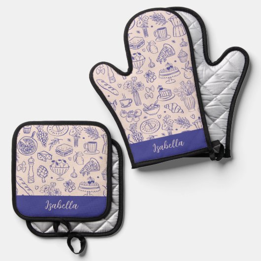 Personalized Name Cute Hand Drawn Food Ovenwant & Pannenlap Set (Voorkant / Achterkant)