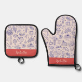 Personalized Name Cute Hand Drawn Food Ovenwant & Pannenlap Set (Voorkant)