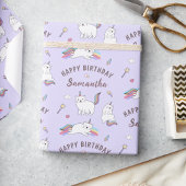 Personalized Name Cute Unicorn Cat Birthday Cadeaupapier