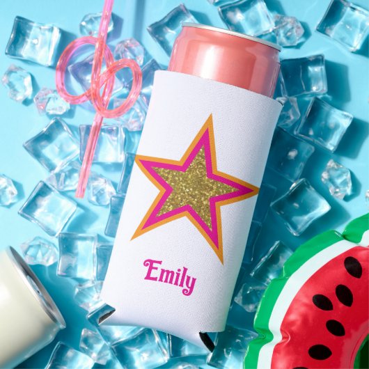 Personalized name elegant gold &pink star  seltzer blikjeskoeler (Insitu Zomer)