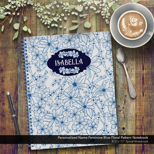 Personalized Name Feminine Blue Floral Pattern Notitieboek