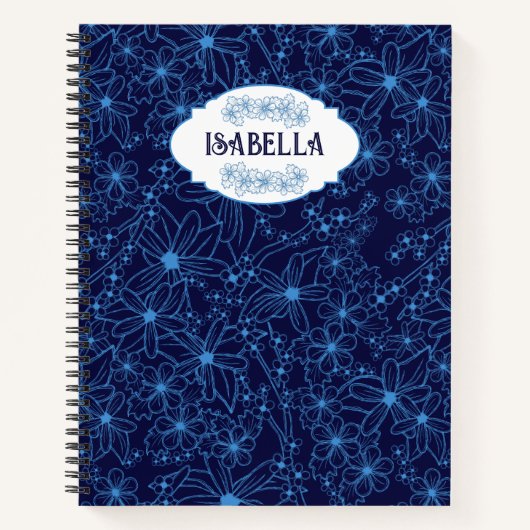 Personalized Name Feminine Blue Floral Pattern Notitieboek (Voorkant)