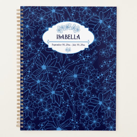 Personalized Name Feminine Blue Floral Pattern Planner (Voorkant)