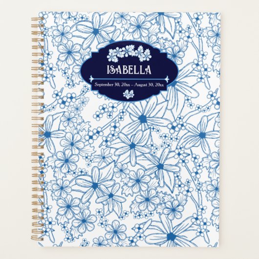 Personalized Name Feminine Blue Floral Pattern Planner (Voorkant)