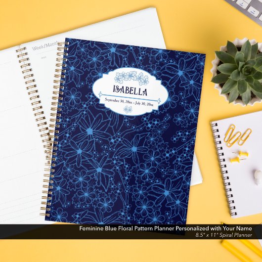 Personalized Name Feminine Blue Floral Pattern Planner