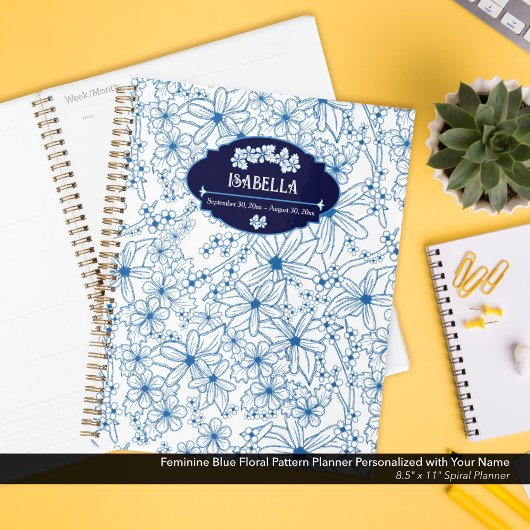 Personalized Name Feminine Blue Floral Pattern Planner