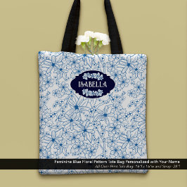 Personalized Name Feminine Blue Floral Pattern Tote Bag