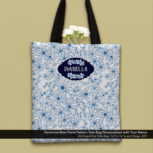 Personalized Name Feminine Blue Floral Pattern Tote Bag