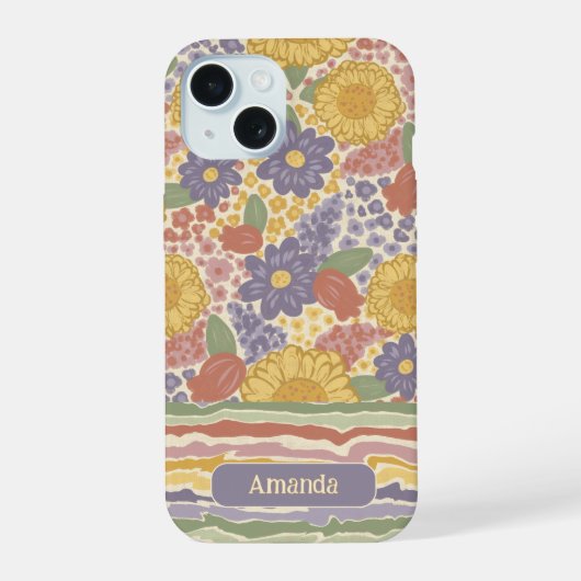 Personalized Name Floral Stripe Phone Case iPhone 15 Case (Achterkant)