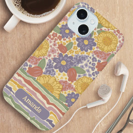 Personalized Name Floral Stripe Phone Case iPhone 15 Case
