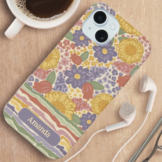 Personalized Name Floral Stripe Phone Case iPhone 15 Case
