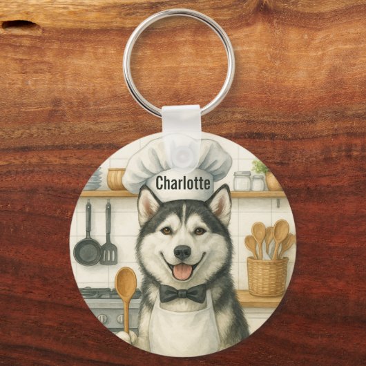 Personalized Name Funny Siberian Husky Dog Chef Sleutelhanger (Achterkant)