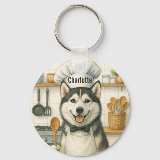 Personalized Name Funny Siberian Husky Dog Chef Sleutelhanger (Achterkant)