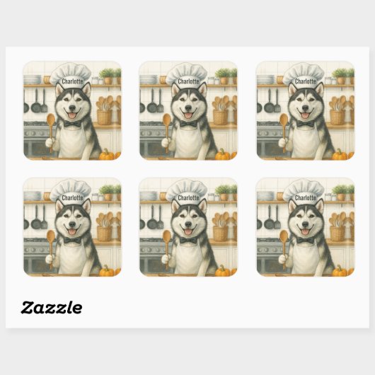 Personalized Name Funny Siberian Husky Dog Chef Vierkante Sticker (Vel)