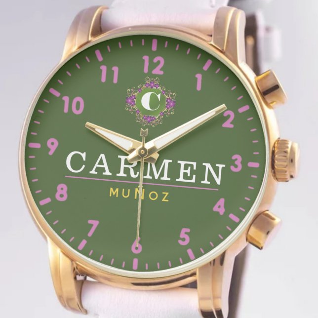 Personalized name green pink monogram custom horloge (Creator heeft geüpload)