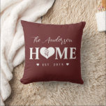 Personalized Name Greyish Red HOME Kussen<br><div class="desc">This design features the family name, the word "HOME" with the heart shape, year establish on the front. On the back side it is the list of family members with year of birth (which is optional). This simple stylish pillow is a perfect additional to your family room decoration. It is...</div>