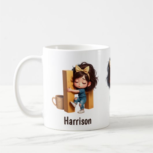 Personalized Name & H Sleepy Morning Plaid Charact Koffiemok (Links)