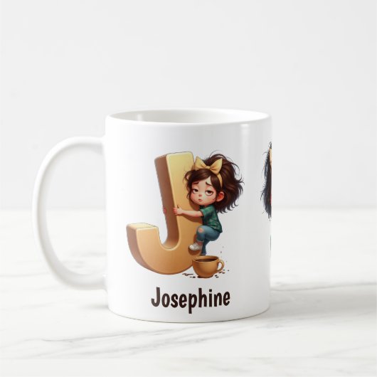 Personalized Name & J Sleepy Morning Plaid Charact Koffiemok (Links)