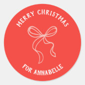 Personalized Name Merry Christmas Bow Ronde Sticker (Voorkant)