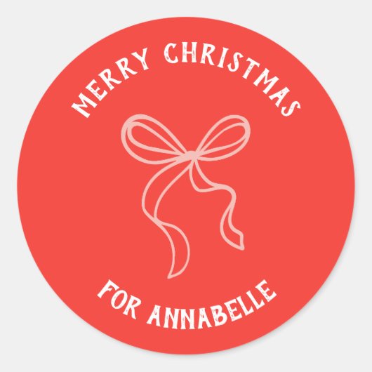 Personalized Name Merry Christmas Bow Ronde Sticker (Voorkant)