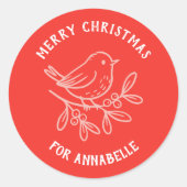 Personalized Name Merry Christmas Robin Ronde Sticker (Voorkant)