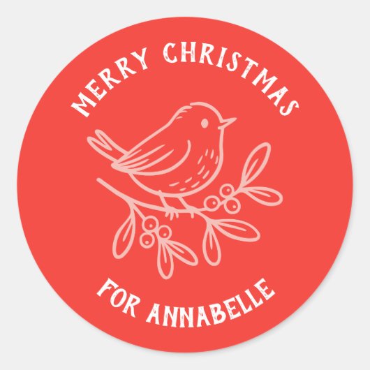Personalized Name Merry Christmas Robin Ronde Sticker (Voorkant)