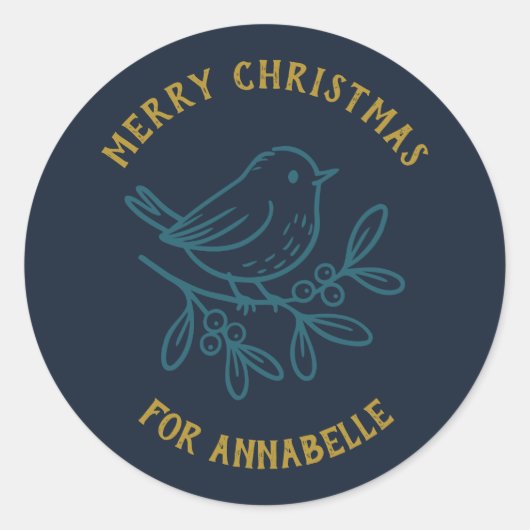 Personalized Name Merry Christmas Robin Ronde Sticker (Voorkant)