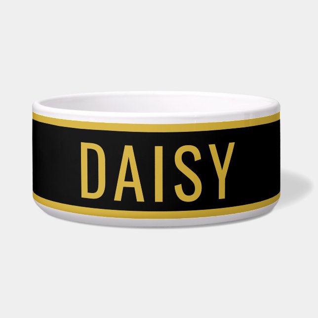 Personalized Name Metallic Gold Black Minimalist Voerbakje (Voorkant)