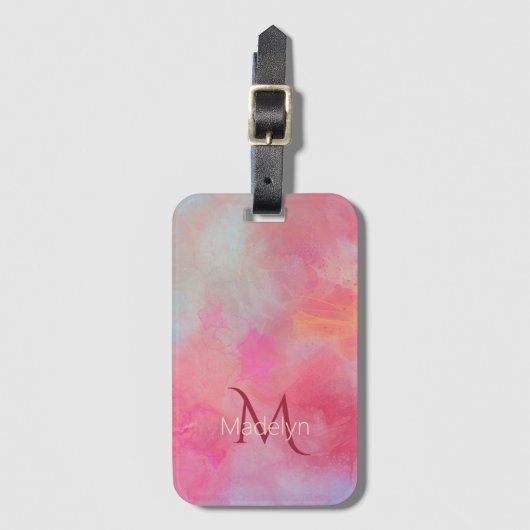 Personalized Name + Monogram Pink Watercolor Ink Bagagelabel (Voorkant (verticaal))