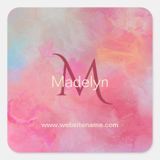 Personalized Name + Monogram Pink Watercolor Ink Vierkante Sticker (Voorkant)