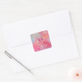 Personalized Name + Monogram Pink Watercolor Ink Vierkante Sticker (Envelop)