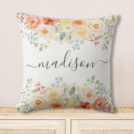 Personalized Name Monogram Watercolor Sunny Floral Kussen