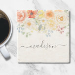 Personalized Name Monogram Watercolor Sunny Floral Stenen Onderzetter<br><div class="desc">Introducing our Personalized Name Monogram Watercolor Sunny Floral Stone Coasters. Featuring watercolor illustration of flower arrangement with bright colors and editable elegant calligraphy text that can be personalized your name. Suitable as a gift for cooking enthusiasts women.</div>