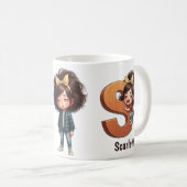 Personalized Name & S Sleepy Morning Plaid Charact Koffiemok (Voorkant rechts)