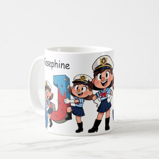 Personalized Name Sailor Cartoon Character * J * Koffiemok (Voorkant links)