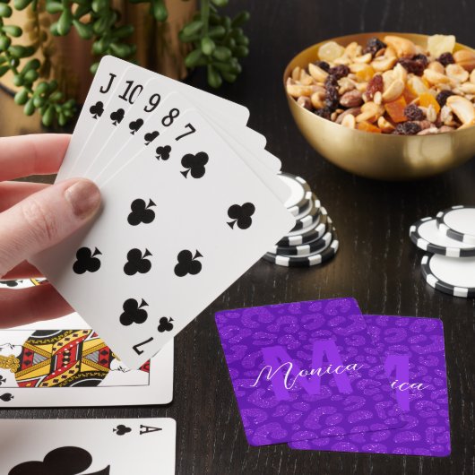 Personalized Name Stylish Purple Glitter Leopard  Pokerkaarten (Insitu)