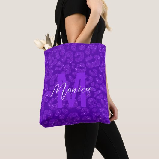 Personalized Name Stylish Purple Glitter Leopard  Tote Bag (Dichtbij)