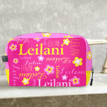 Personalized name typographic flower pink toilettasje<br><div class="desc">Typographic short personalized name text and graphic flowers in yellow, pink, white and light purple on a hot pink background. Background color can be changed if required. Fun personalized graphic text and flowers personalized design. Customize with your own name, currently reads Leilani for help with personalization and other name lengths...</div>