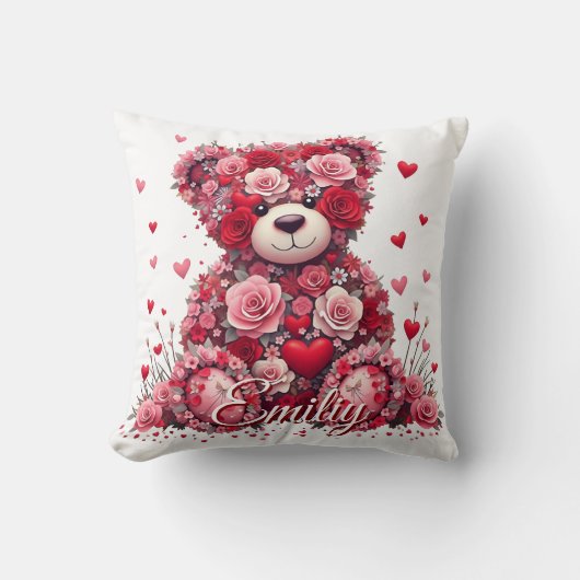 Personalized Name Valentine’s Day Floral Bear  Kussen (Voorkant)